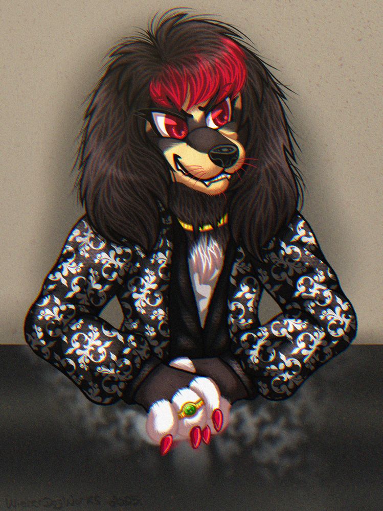 A male anthropomorphic spaniel is sitting at a reflective table, his arms resting on it. He's looking off to the side with a toothy grin. He's wearing a floral 1970s style shirt and vest.