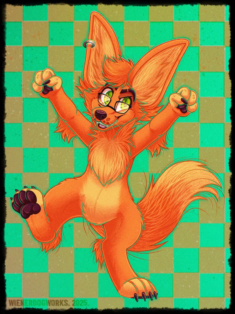 A drawing of a male anthropomorphic fennec fox raising his arms up in the air while dancing.