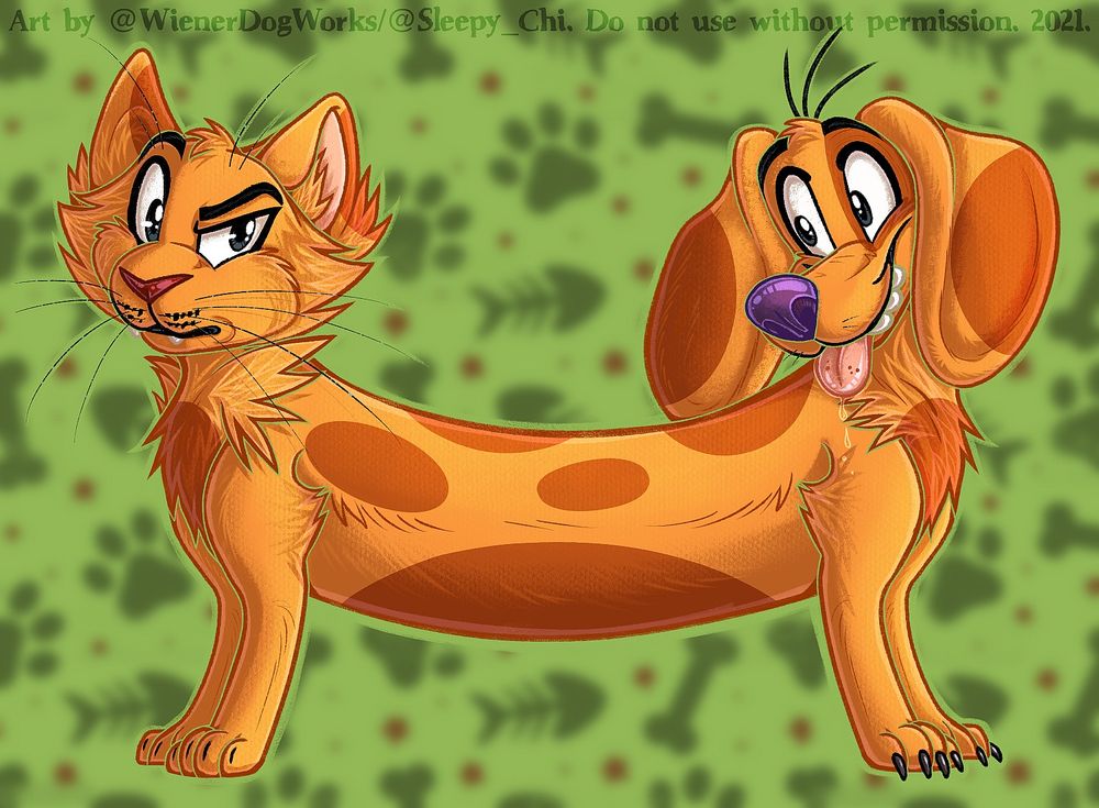 Fanart of the 1990s Nickelodeon character, CatDog. They are standing in a profile view. Cat is looking at the viewer in a skeptical way, while Dog is looking at Cat in a silly, friendly way with his tongue out.