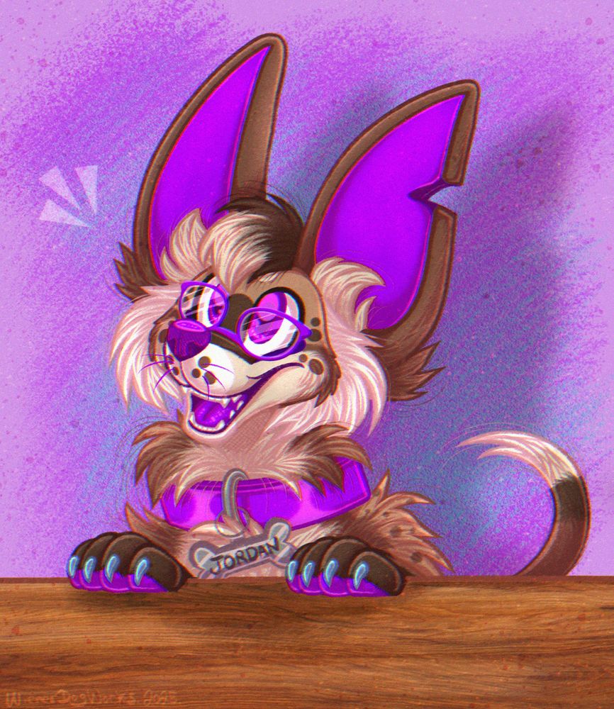 A chihuahua character has their front feet up on a table, looking up at the viewer excitedly, as if they are begging for treats.