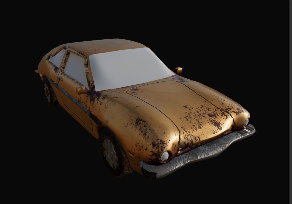 3d model of a gold 1994 Ford pinto with rust and mud on its tires, with a black background 