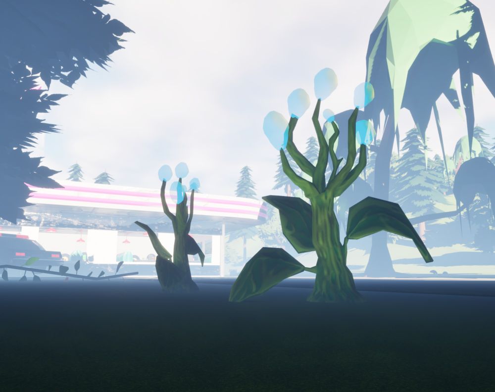 Alien plants in a mountain environment with a diner and car in the background, the bulbs are clear like bubbles