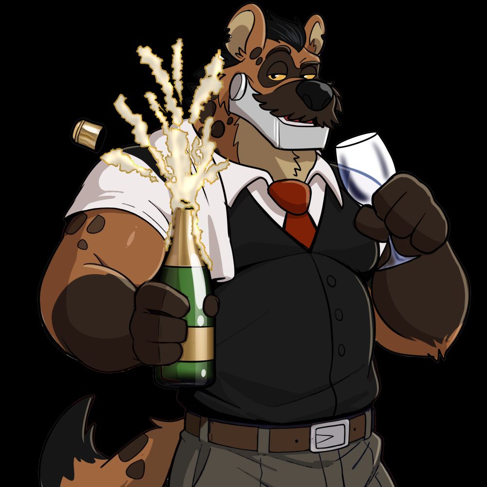 Tenderjaw celebrating with champagne