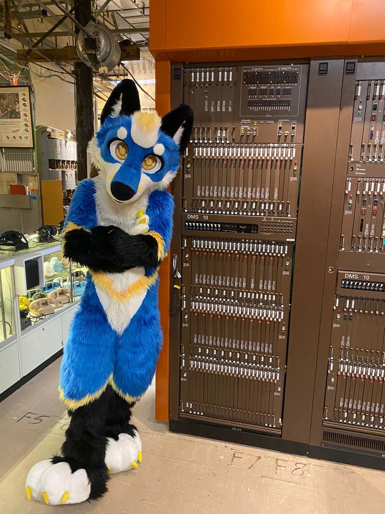 Cherenkov, A blue and yellow fox fursuit, leans against one of several server racks of the Connection Museum's Nortel DMS-10, donated by ADTRAN in Huntsville, AL.