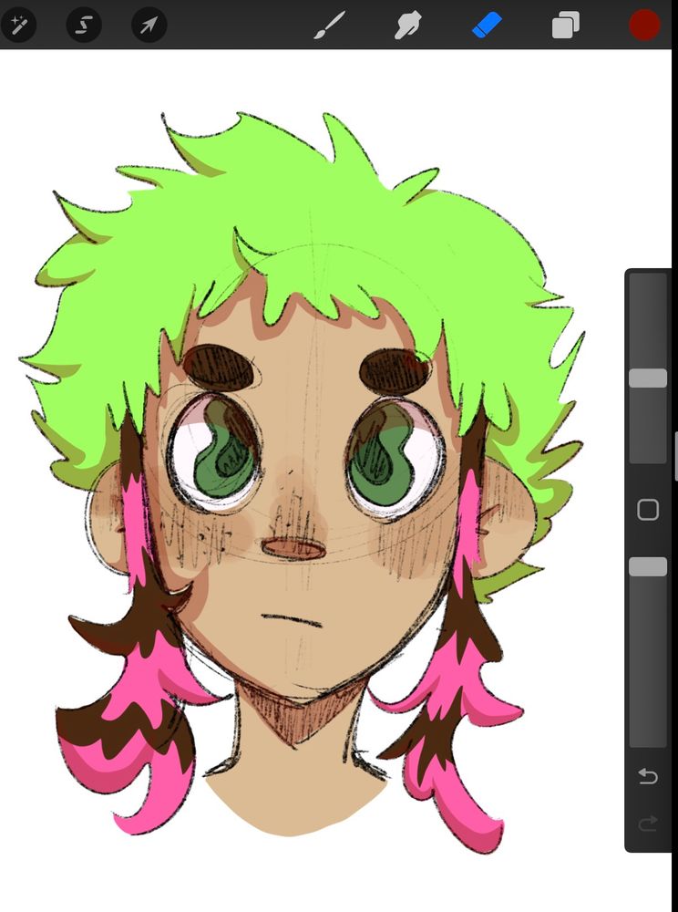 A digital sketch of a person with s jellyfish cut, the short part of the hair is neons green, while the long parts are pink with dark brown raccoon stripes