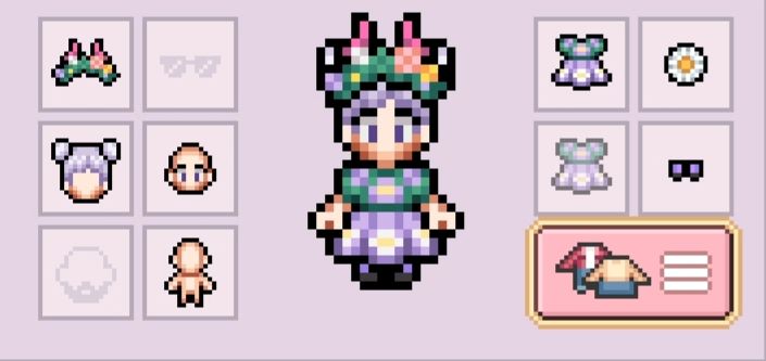 A pale woman with Lavender hair in space buns, purple eyes, wearing a purple flower dress, purple shoes, a daisy backpack, and an ornate multi colored flower crown.