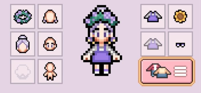 A pale woman with long Lavender hair in a ponytail, purple eyes, purple flower earrings, a purple overall dress, sunflower backpack, and purple sneakers.