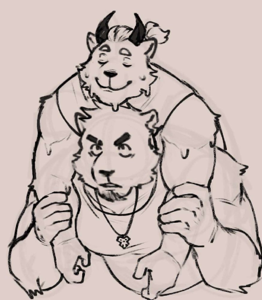 Niko (panda-tiger hybrid) carrying Oros (cat form) on his back. Niko is looking up at Oros, while Oros is simply dripping.