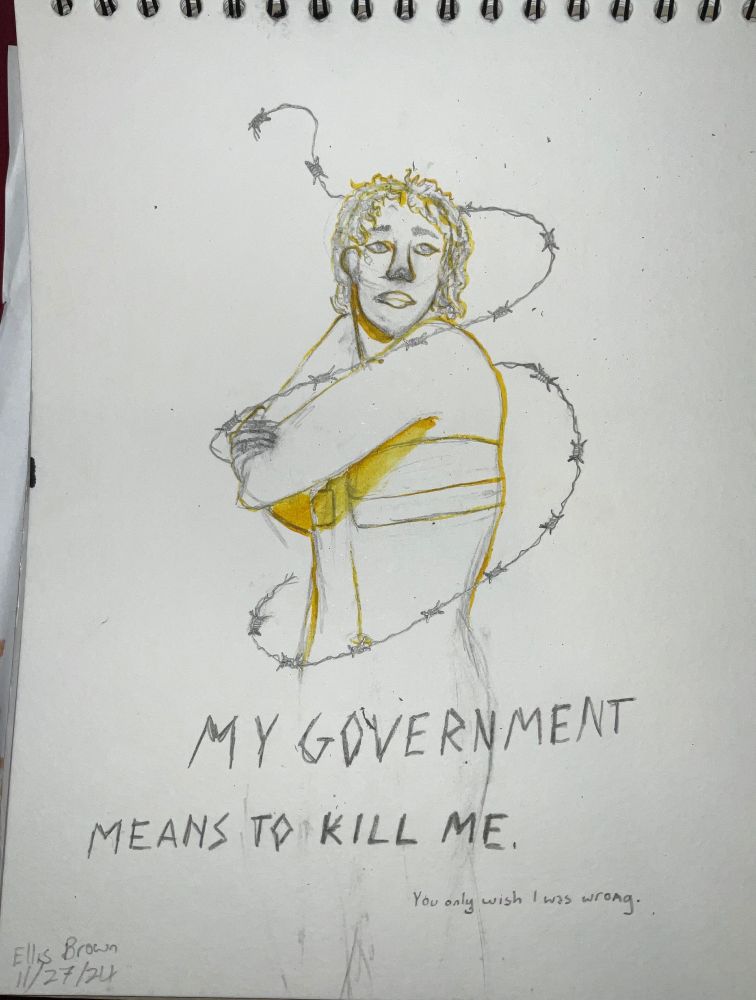 Drawing by me after hearing the election results. It’s becoming more prevalent by the day. I modeled in the mirror and took a picture for the reference 