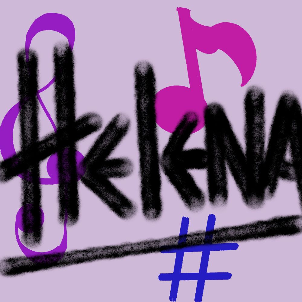 Sobre un fondo lila pastel, el nombre Helena graffiteado. Hay una clave de sol, una corchea y una almohadilla.