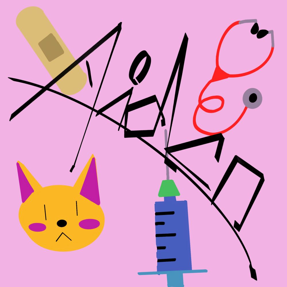 Sobre un fondo rosa pastel, el nombre Aiden en diagonal. El nombre es con formas bastante geométricas. También hay una tirita, un estetoscopip, una jeringuilla, y un gato.