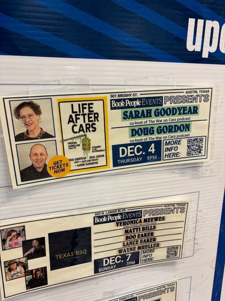 Sign showing pictures of Doug Gordon and Sarah Goodyear and book cover For life after cars