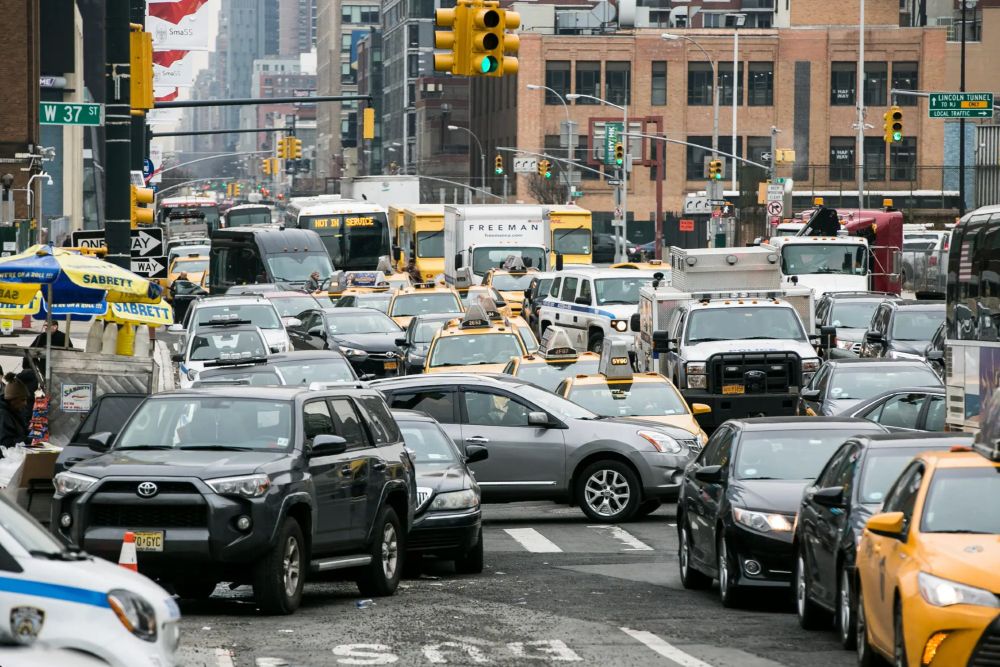 Gridlocked Midtown Manhattan street.
