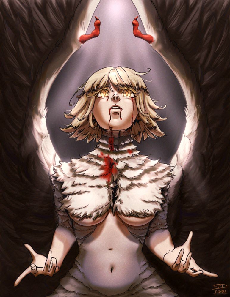 Falin from delicious in dungeon in beast form with the sun shining on her face and blood tears coming from her eyes