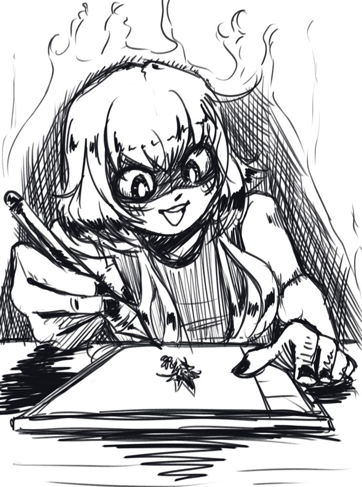 A sketchy doodle of a girl with a crazed look in her eye happily drawing on her tablet a silly doodle of yugi from yu-gi-oh