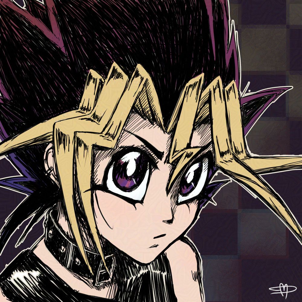 Yugi Mutou from Yu-Gi-Oh duel monsters drawn very sketchy with flat colors. He has a determined expression and is in front of a checkered background