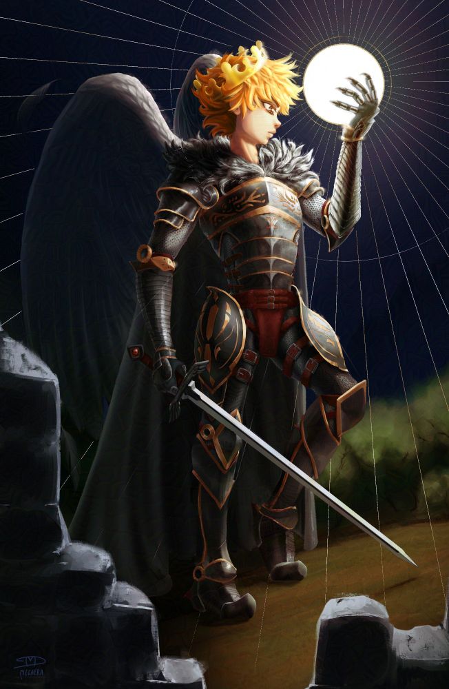 Winged hinata from haikyuu in a suit of armor and crown holding a sun