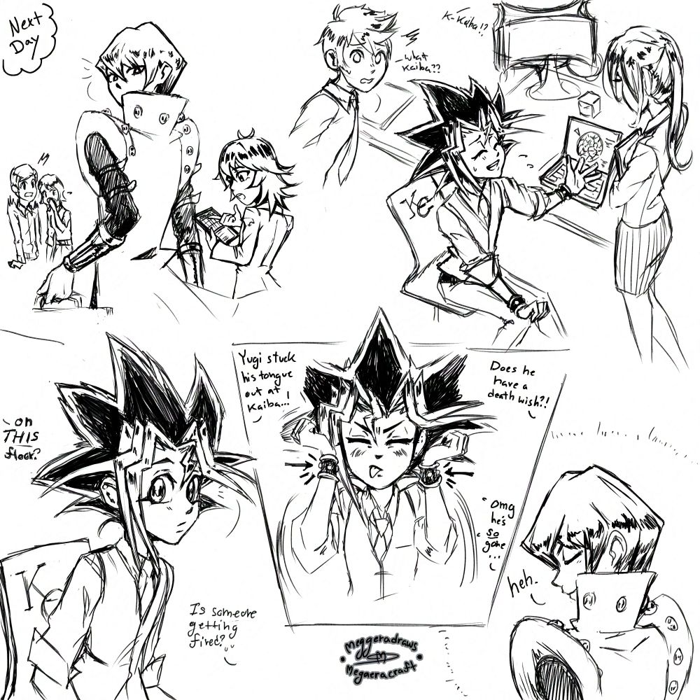 Page 3 of the Yu-gi-oh fan comic. Panel one describes this as the following day and depicts Kaiba and Mokuba walking somewhere within the Kaiba corp building. Two employees in the distanced seem surprised to see Kaiba on their floor. Mokuba is walking next to his brother and pointing to a calendar on his tablet, possible talking to Kaiba about an appointment he has but Kaiba is distracted looking over his shoulder. Second panel, you see Kaiba's point of view. Yugi is sitting at his desk with a couple of coworkers on either side of him. Yugi is currently talking to one coworker about Spherium which is depicted on his laptop. He looks a little nervous to talk about it. He's appropriately dressed in a button up shirt, vest, tie, and slacks. The other coworker has noticed Kaiba is on their floor and nervously says, "What Kaiba??" A coworker out of the point of view also noticed and stutters, "K-Kaiba??" Panel three, only Yugi is seen as he glances over toward Kaiba. Two coworkers outside the point of view are chattering questioning, "on this floor??" and, "Is someone getting fired?" Panel four, Yugi turns to the viewer, Kaiba, lifts his hands up to reveal hes still wearing leather cuffs with studs on them, and scrunches his face as he sticks out his tongue in defiance. Coworkers outside of view are surprised by this exclaiming, " Yugi stuck his tongue out at Kaiba..!" and, "Does he have a death wish?!" and, "OMG he's so gone..." Panel five, Kaiba turns slightly away with a small smile on his face and lets out one "heh."