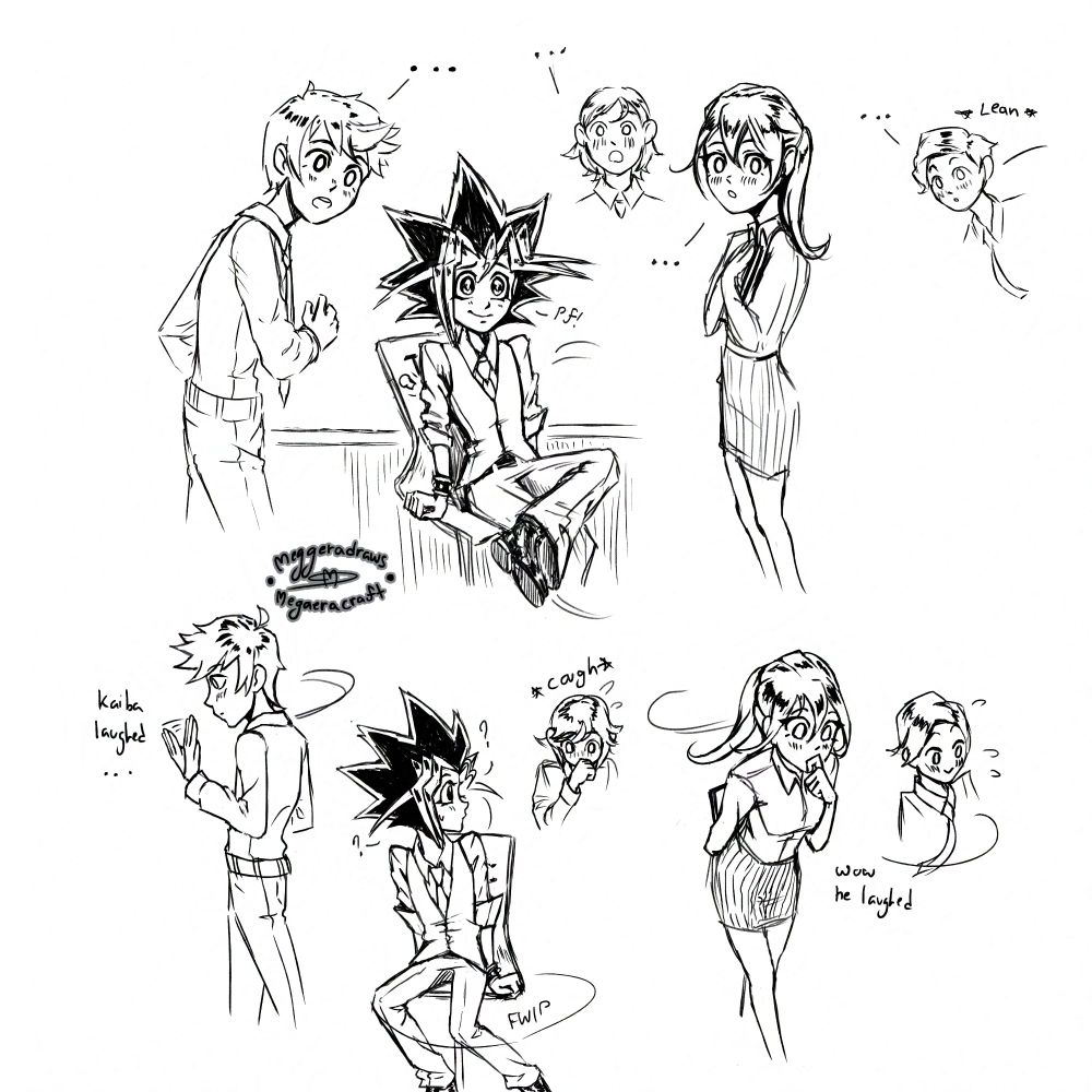 Page 4 of the Yu-gi-oh fan comic. Panel one, Yugi sits back in his chair and smiles, "Pf!" he laughs. You can see 4 coworkers now around him, one leaning in to get a better view as they all stare open mouthed where Kaiba used to be. Panel two, All four coworkers blush and try to get back to work as they shyly say, "Kaiba laughed.." "wow, he laughed." Yugi looks curiously at his coworkers, unsure what came over them.