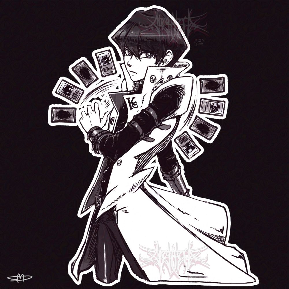A fan made drawing of Seto Kaiba from yu-gi-oh Duel monsters is seen from the thighs up in his usual white trench coat look with 8 cards around him. He looks determined! This is the black and white version