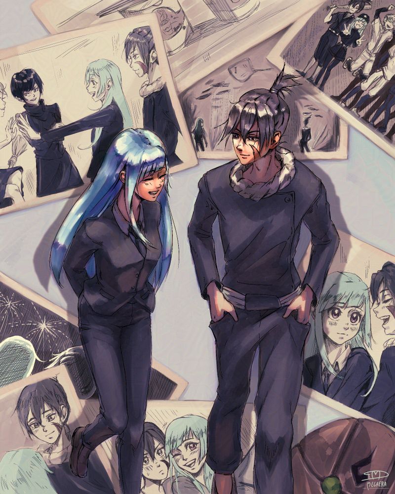 Kasumi miwa and kokichi muta walking happily with photos of them hanging out behind them
