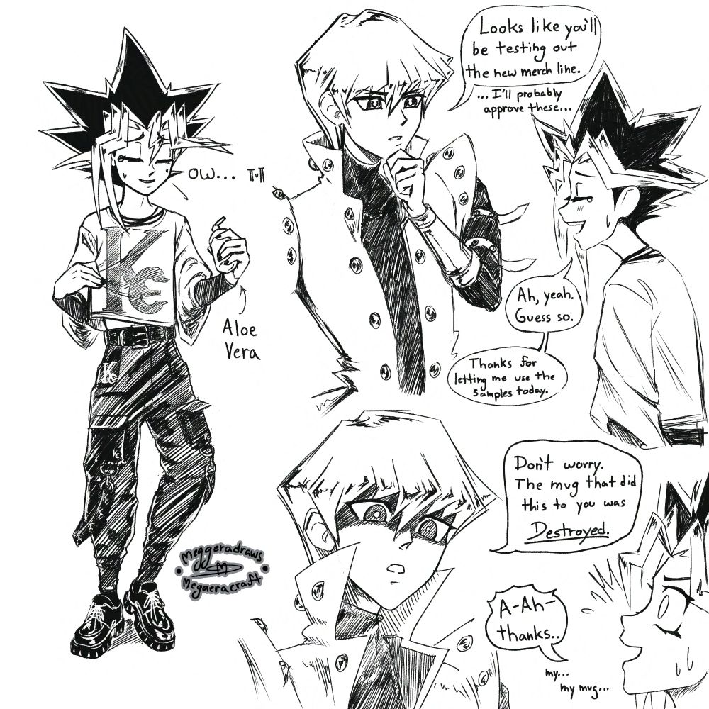 page 2. Yugi is seen wearing Kaiba corp tech ware clothing and holding some aloe vera. He has a tear in his eye as he quietly says "ow..." Kaiba looks him over and says, "Looks like you'll be testing out the new merch line." He also notes, "... I'll probably approve of these..." Yugi hunched over, still tears in eyes, smiles and says, "Ah, yeah. Guess so. Thanks for letting me use the samples today." "Don't worry," Kaiba adds with an intense look on his face, "The mug that did this to you was destroyed." "A-Ah- thanks.." Yugi stammers. "My... my mug..." he says to himself quietly.