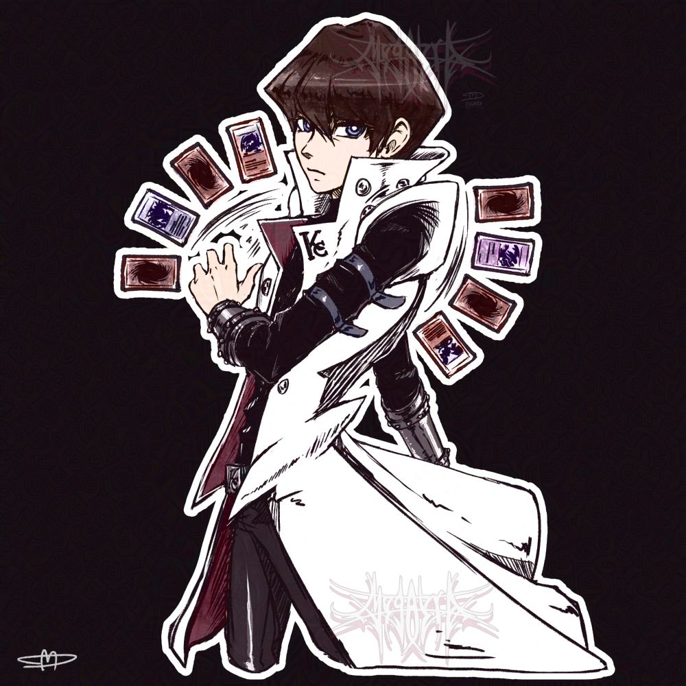 A fan made drawing of Seto Kaiba from yu-gi-oh Duel monsters is seen from the thighs up in his usual white trench coat look with 8 cards around him. He looks determined! This is the color version