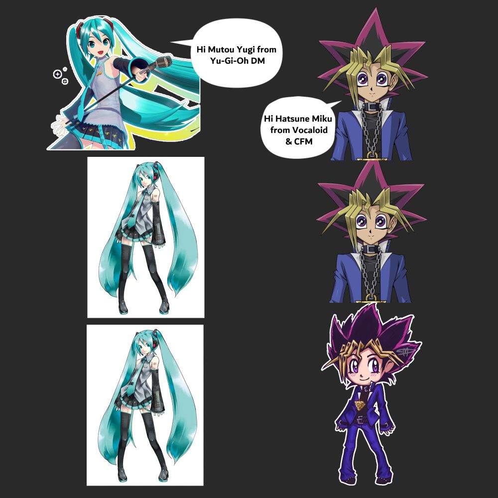 In a meme format, Hatsune Miku is greeting Yugi Mutou saying "Hi Mutou Yugi from Yu-Gi-oh DM" Yugi is responding, "Hi Hatsune Miku from Vocaloid and CFM" Miku changes her pose to be her classic miku pose, Yugi follows suit with my own drawing of him in her pose.
