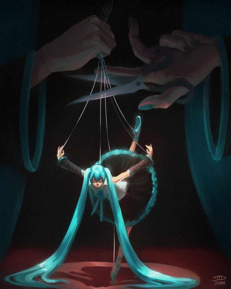 Puppet miku in ballet uniform about to have her strings cut by a larger miku you barely see