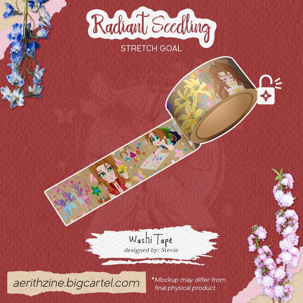 Graphic for the unlocked Washi Tape stretch goal designed by Stevie. The Washi tape features Aerith’s childhood doodles, and the Chibi graphics of her that have been used on the zine’s social media.