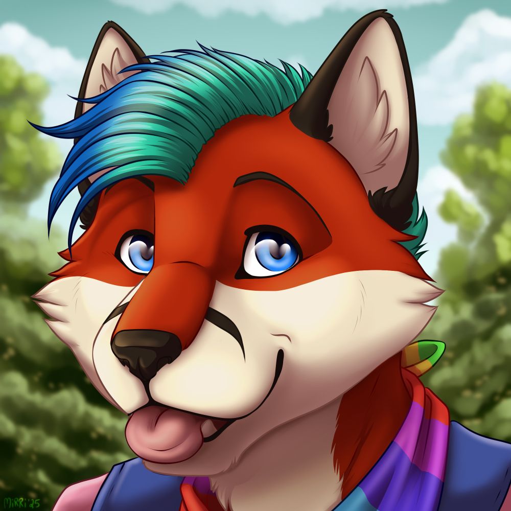 Maxie is a red fox with striking blue eyes and colorful two-tone hair that changes daily.
Today it's teal with blue tips.
They are wearing a comfy hoodie and a rainbow Bandana , sticking out their tongue in a playful mischievous blep.
