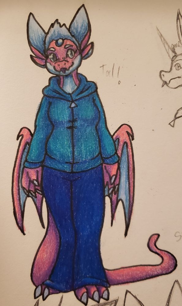 Traditional ink and colored pencil drawing of Ralphie, a pink anthro dragon. They have small wings on their hips and a long tail that lays on the ground behind them. They are wearing a green zip up hoodie and blue sweatpants. They are smiling vacantly and looking off to the right, standing in a neutral pose with their hands down.