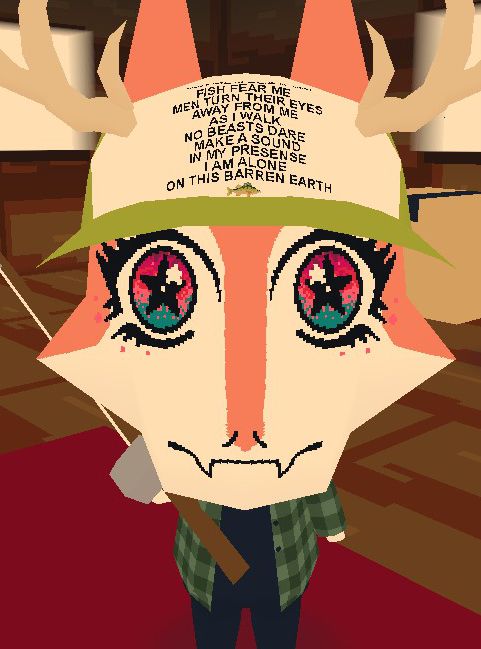 A character from the Web fishing game. It is a low poly animal with wide starry eyes. It has pink and white fur, and is wearing a teal flannel shirt with black shirt and pants. It is also wearing a green baseball cap that reads "women fear me, fish fear me, men turn their eyes away from me as I walk, no beasts dare make a sound in my presence, I am alone on this barren earth." The animal is staring directly into the camera with its expression distant and vacant. No thoughts behind those starry eyes.