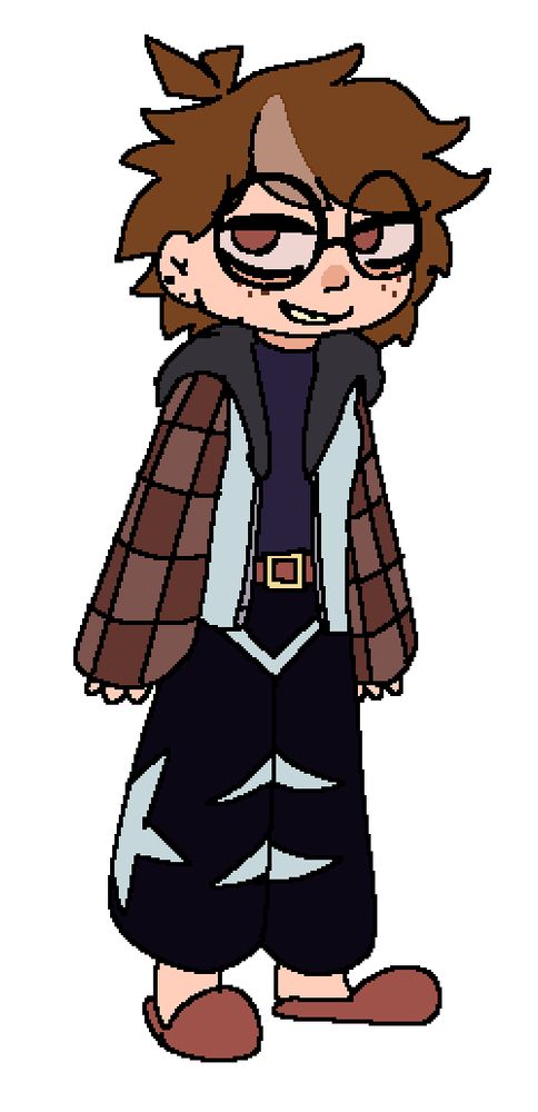 A quick doodle of a human. His hair is dark brown with a light brown stripe and shoulder length. He has black glasses and brown eyes. His skin is peach colored with freckles and his teeth are yellow with a tooth missing near the middle of the top set of teeth. His ears have two stud piercings in them. He's wearing a dark blue-gray turtleneck with a jacket over it. The main part of the jacket is a light blue-gray with a gray hood. The sleeves are checkered with dark and light brown. His pants are black with light blue-gray markings consisting of: a star on the outer side, two stripes on the inside, and a v marking near the crotch. The sleeves nearly cover his hands, showing only his fingertips. He's wearing brown slippers and a brown belt with a yellow buckle.