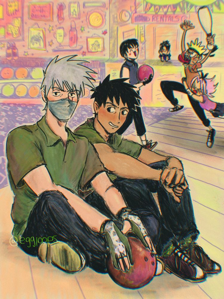 naruto au where kakashi and yamato buy a bowling alley. they are sitting casually. behind them, naruto tries to kill sai with a bowling pin while sakura holds him back and sasuke watches 