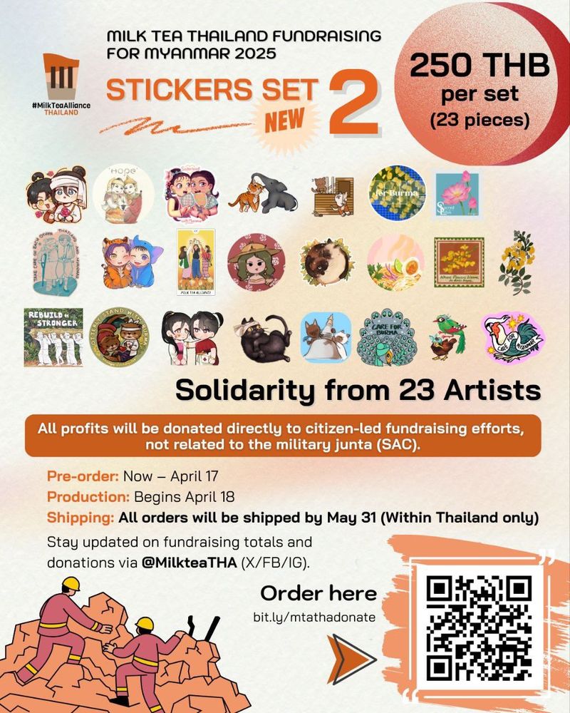 MilkTeaAlliance Thailand sticker set 2 
with profits going to earthquake relief in Myanmar that are not related to the Junta. 