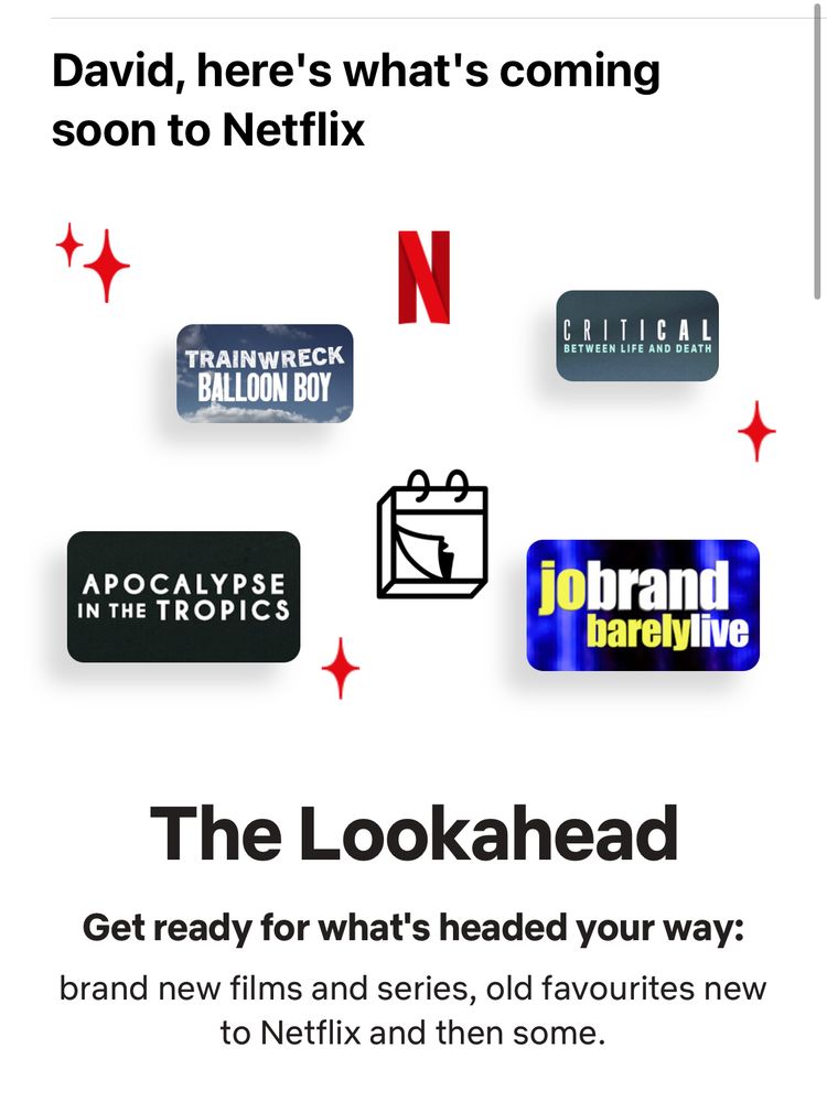 Screenshot of an email from Netflix promoting upcoming content including “Jo Brand - Barely Live”