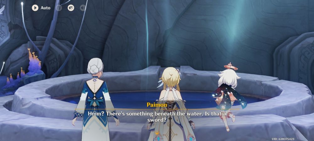 Traveler, Paimon and Verna (npc) staring into a pool of water. Paimon's line underneath is "hmm? There's something beneath the water. Is that a sword?"