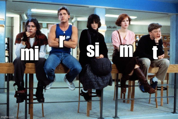 Classic image from The Breakfast Club with the main characters sitting in a row. They are labeled as types of RNA. 
The criminal - mi
The jock - r
The basketcase - si
The princess - m
The nerd - t