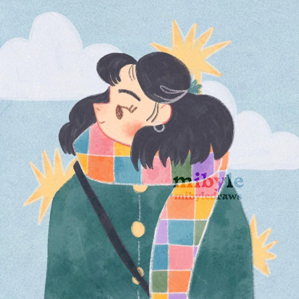 Digital illustration in a cute and colorful artstyle of a person with dark shoulder-length air and a little fringe from side-on, wearing a multicolored scarf and a duck green/blue coat and looking relaxed and smiling. The background is a soft and light greyish blue, with two clouds and three stars.