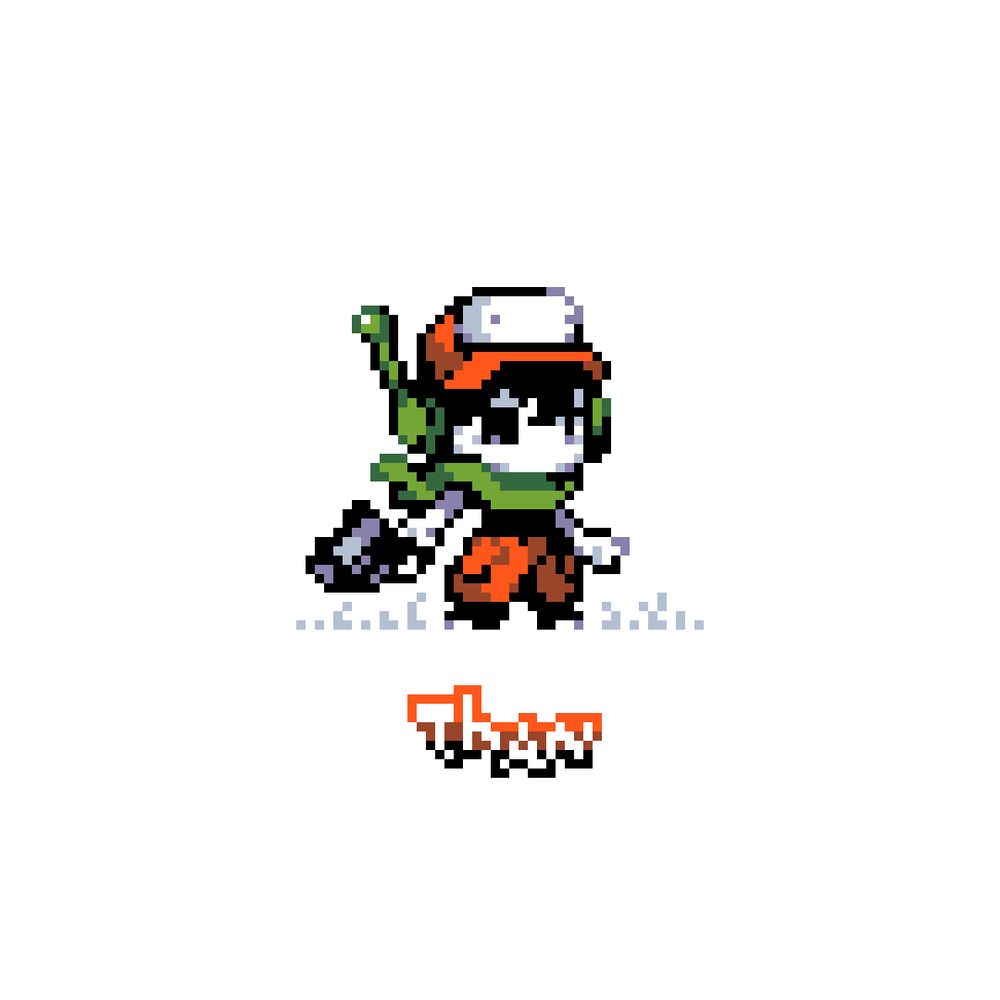 A pixel fanart of Quote, the main protagonist of Cave Story. The background is a solid color.