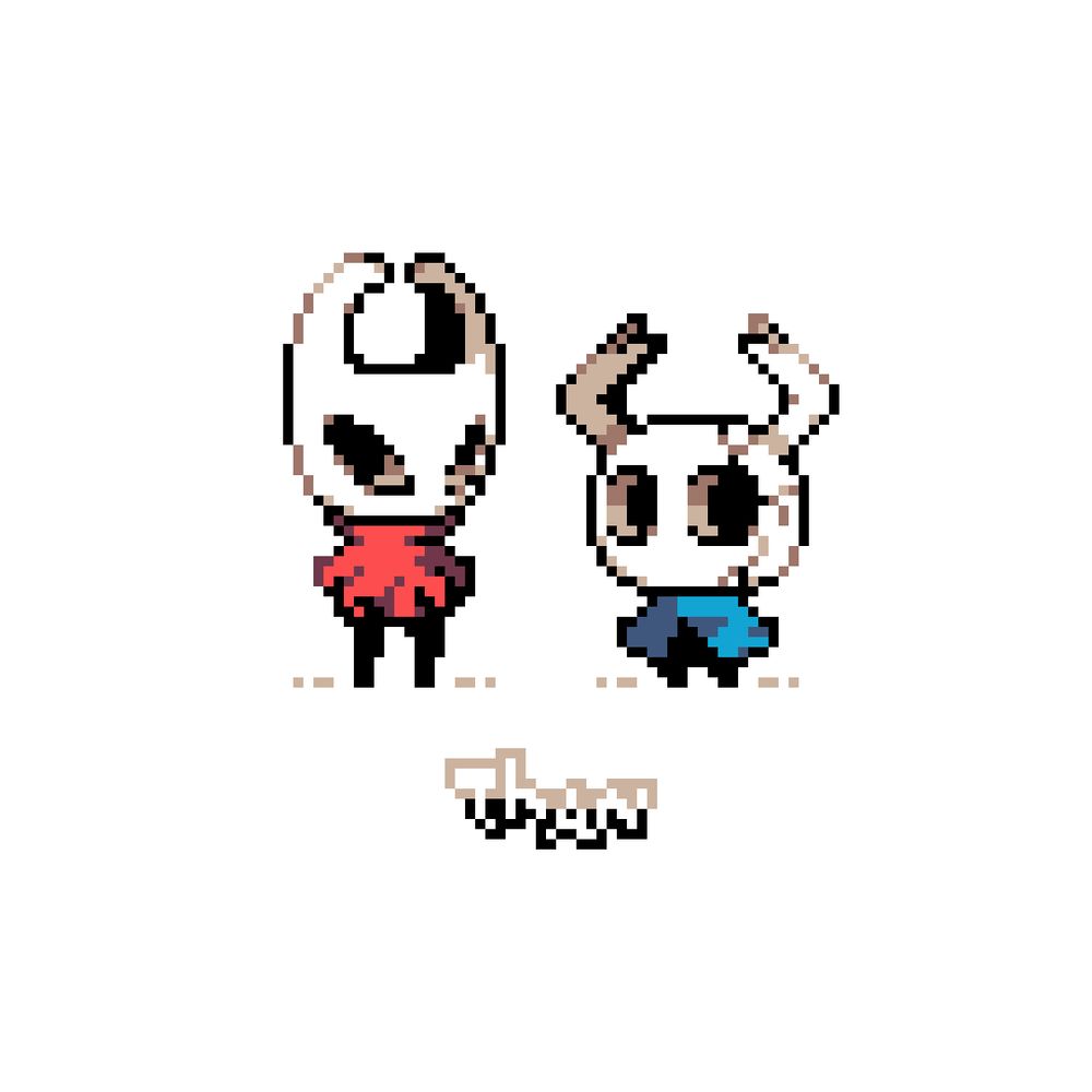 A pixel fanart of Hornet and Hollow Knight from the game Hollow Knight. The background is a solid color.