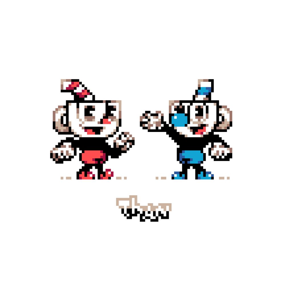 A pixel fanart of Cuphead and Mugman from the game Cuphead. The background is a solid color.