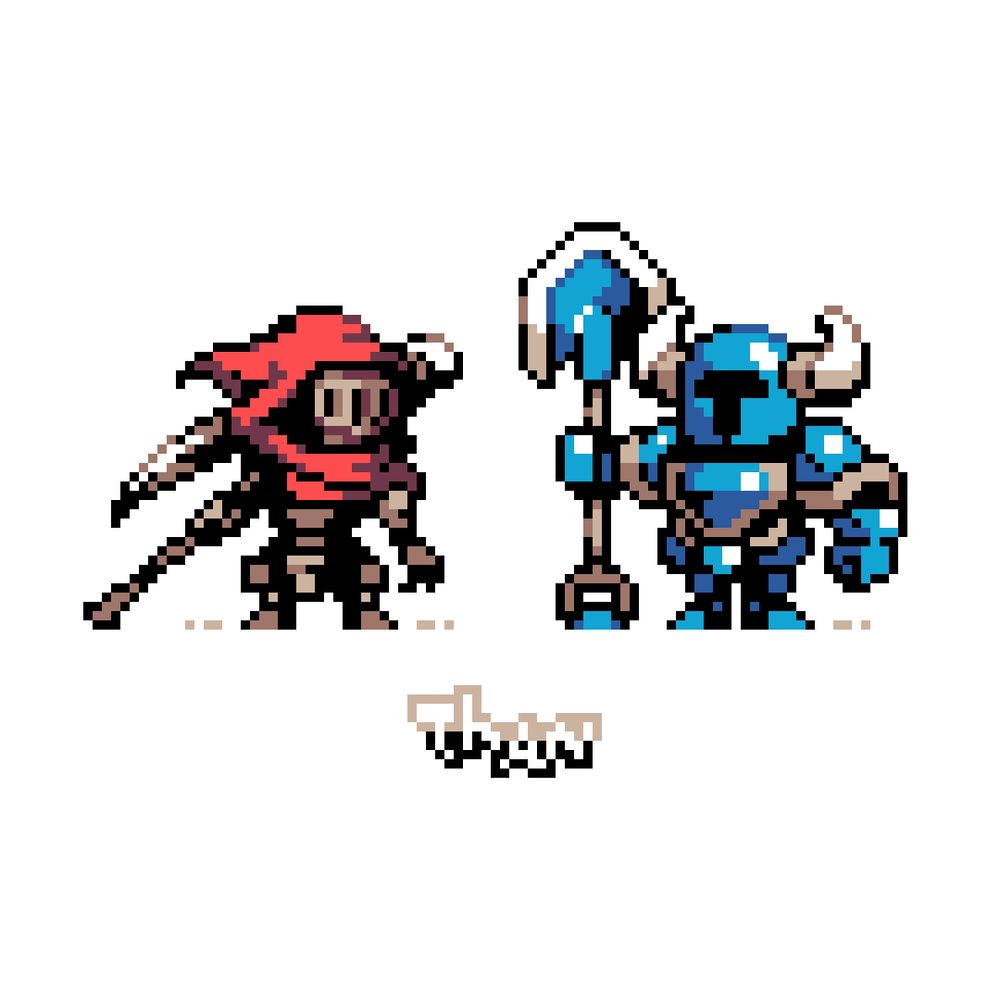 A pixel fanart of Specter Knight and Shovel Knight from the game Shovel Knight. The background is a solid color.