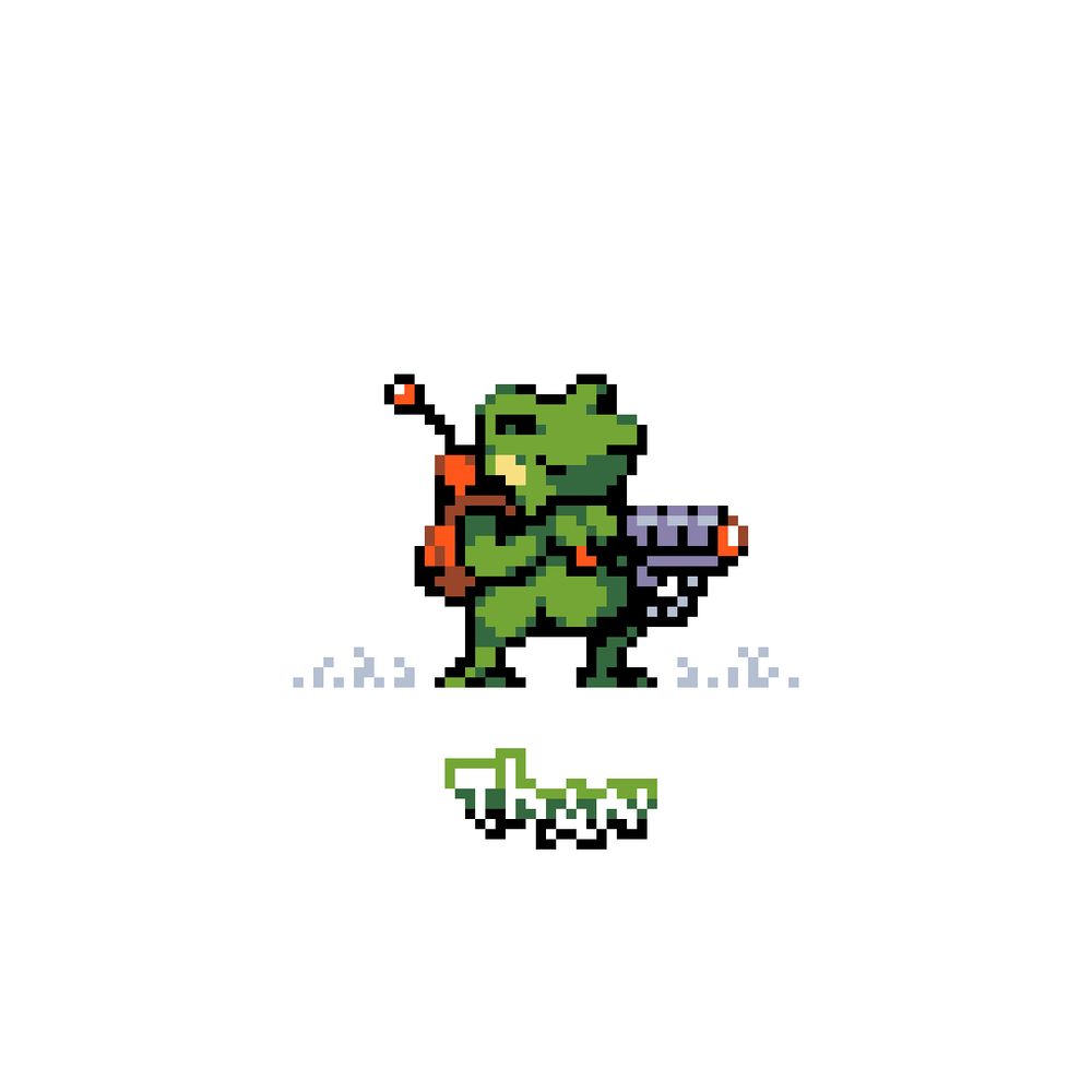 A pixel fanart of Kaeru, the main protagonist of Kero Blaster. The background is a solid color.