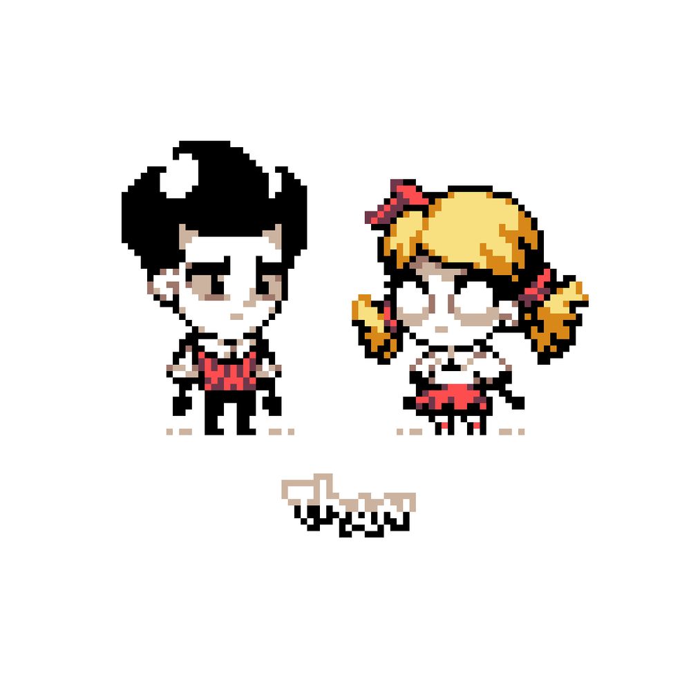 A pixel fanart of Wilson Percival Higgsbury and Wendy Carter from Don't Starve. The background is a solid color.