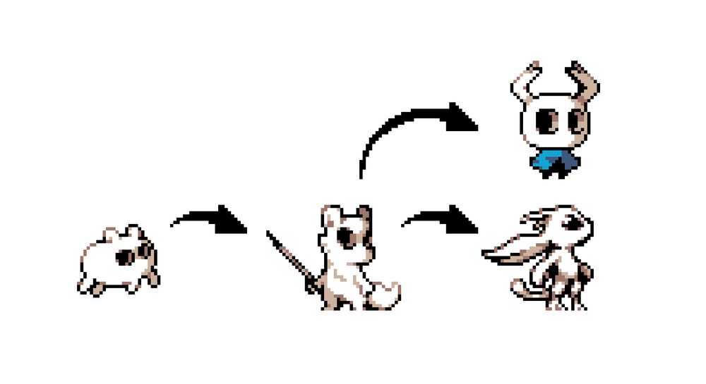 A pixel meme of an "evolution chart" showing how BABA from Baba Is You evolve to a slugcat from Rain World and then it can evolve to a Hollow Knight or an Ori.