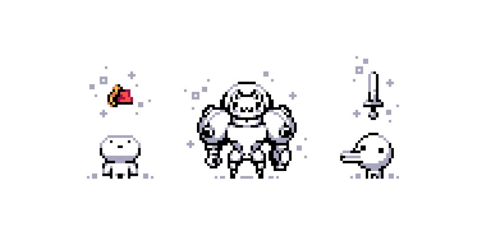 A pixel fanart of Gomez from FEZ, Kiki from Gato Roboto and Minit from Minit. The Background is a solid color.