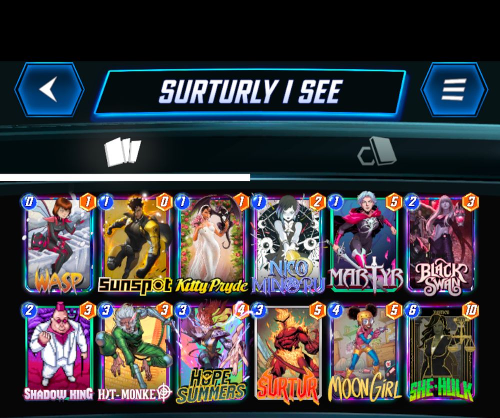 # (0) Wasp
# (1) Sunspot
# (1) Kitty Pryde
# (1) Martyr
# (1) Titania
# (2) Black Swan
# (2) Shadow King
# (3) Hit-Monkey
# (3) Hope Summers
# (3) Surtur
# (4) Moon Girl
# (6) She-Hulk
#
U3J0cjYsU25zcHQ3LEt0dFByZEEsQmxja1N3bjksU2hkd0tuZ0EsSHRNbms5LFdzcDQsSHBTbW1yc0IsTW5Hcmw4LFNoSGxrNyxNcnRyNixUdG43