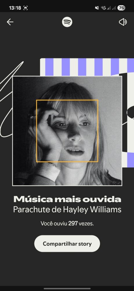 Print da minha retrospectiva Spotify, na tela de música mais ouvida do ano. Foi Parachute, da Hayley Williams, que eu ouvi 297 vezes. 